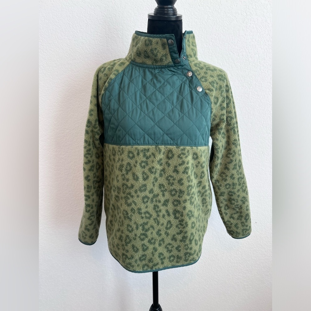 J. Crew Sherpa Fleece Quilted Snap Loden Green Leopard Print Size XS